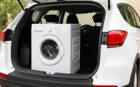 Un lave-vaisselle blanc est chargé dans le coffre d'une voiture blanche. On se demande si on peut coucher un lave-vaisselle pour le transporter.