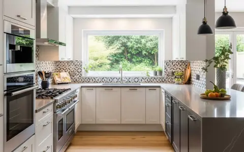 Plan d'une cuisine de 20m2 moderne avec îlot central, évier sous fenêtre, et électroménager en inox.