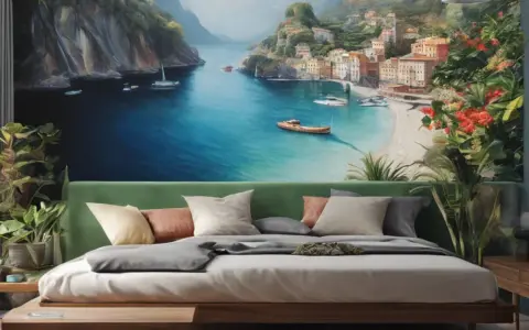 Une idée motif peinture murale : une baie méditerranéenne avec des villages colorés, des bateaux et une végétation luxuriante.