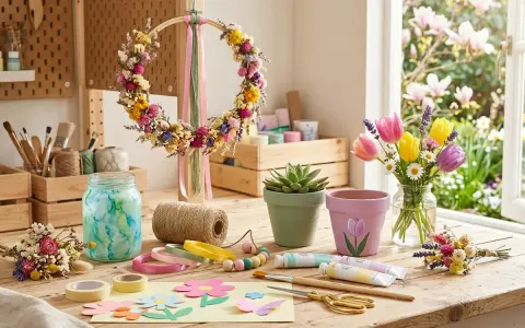 Table de bricolage pour décoration printemps à fabriquer : couronne de fleurs séchées, pots peints, tulipes, et matériel créatif.