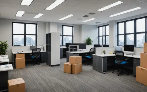 Bureau moderne prêt pour un transfert, avec des boîtes en carton empilées.