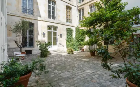 Cour pavée d'un immeuble parisien, avec un petit olivier et une table. Idéal pour un projet de déménager à Paris et profiter de la douceur de vivre.
