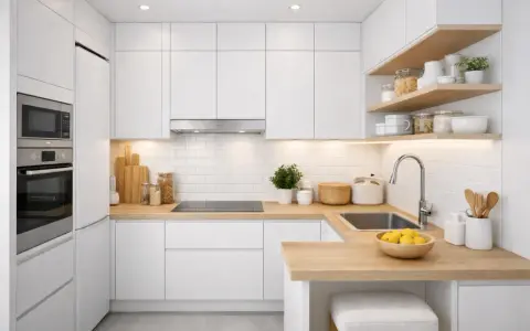 Cuisine petit espace : rangements blancs, plan de travail en bois, électroménagers intégrés, étagères ouvertes avec bocaux et ustensiles.