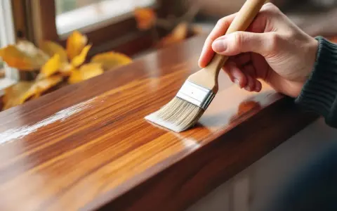 Main d'une personne appliquant une couche de vernis pour blanchir du bois. Les feuilles d'automne sont visibles en arrière-plan.