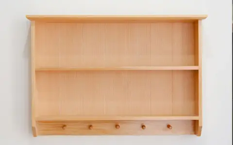 Étagère murale en bois clair, idéale pour fabriquer une bibliothèque personnalisée. Elle possède deux étagères et des patères en dessous.