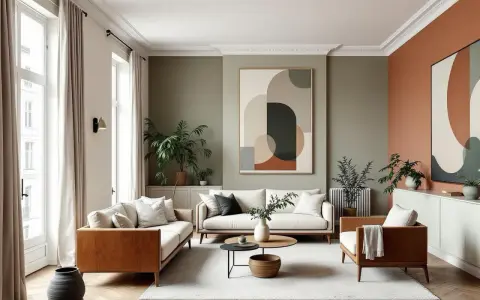 Salon moderne avec canapés blancs, meubles en bois, plantes vertes et un grand tableau abstrait sur un mur blanc.
