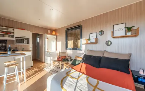 Aménagement d'un plan studio 20m2 en longueur : coin cuisine, lit confortable, fauteuils en rotin et décoration murale zen.