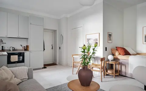 Studio 28 m2 lumineux avec cuisine intégrée, coin repas, salon et lit confortable.