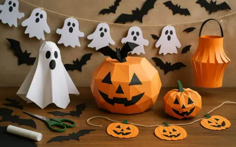 Déco halloween pas cher à faire soi-même : fantômes, citrouilles en papier, chauves-souris et lanterne orange.