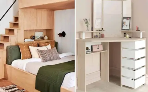 Aménagement astucieux d'une chambre 10m2 : lit mezzanine en bois avec escalier intégré et coiffeuse d'angle fonctionnelle.