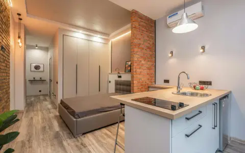 Aménagement studio 25 m2 : lit, cuisine équipée, rangements intégrés, mur en briques apparentes. Style moderne et fonctionnel.