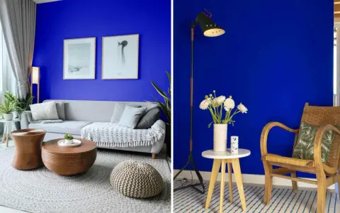 Salon aux murs bleu klein et bleu majorelle, avec un canapé gris, des tables en bois et une chaise en rotin.