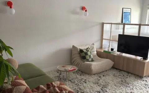Aménagement petite maison : salon cosy avec canapé vert, fauteuil beige, table basse, TV et paravent translucide.