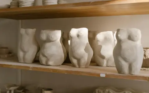 Plusieurs torses féminins en argile autodurcissante, prêts pour un projet diy, sont alignés sur une étagère en bois.