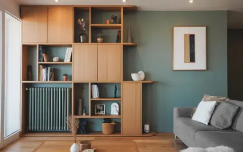 Agencement bibliothèque en bois clair, avec des étagères remplies de livres, vases et objets décoratifs. Un radiateur vert s'intègre parfaitement.
