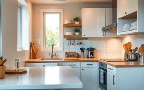Aménagement petite cuisine 4m2 : évier, plaques, four, rangements optimisés, vaisselle et ustensiles en bois.