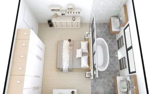 Chambre moderne avec lit, commode, armoire et une salle de bain attenante avec baignoire et lavabos. Une belle suite parentale.