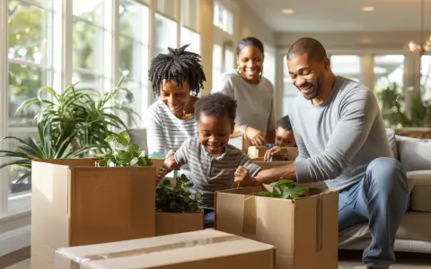 Famille souriante emballant des plantes pour un petit déménagement entre particuliers.