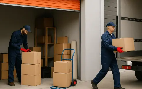 Deux déménageurs en bleu vident une cave, empilant des cartons près d'un camion.