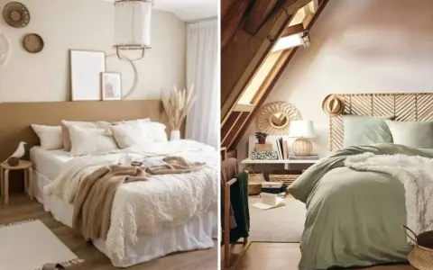 Deux chambres douillettes. L'une est une chambre beige et blanc avec un lit king-size et des décorations murales en rotin. L'autre est une chambre mansardée avec un lit vert sauge et une tête de lit en bois.