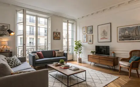 Un salon parisien avec un **mixer moderne et ancien** : canapés confortables, parquet, grandes fenêtres et une décoration chaleureuse.