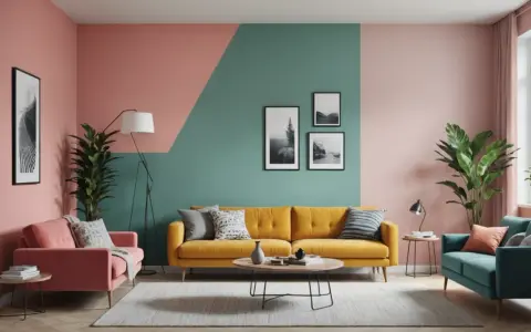 Salon moderne avec un mur deux couleurs différentes, rose et vert d'eau, agrémenté de tableaux. Canapés colorés et plantes vertes.