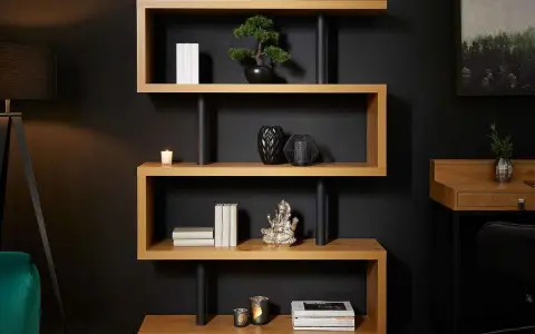 Étagère en bois aux formes décalées, une idée bibliothèque originale. Elle expose livres, vases et une statuette.