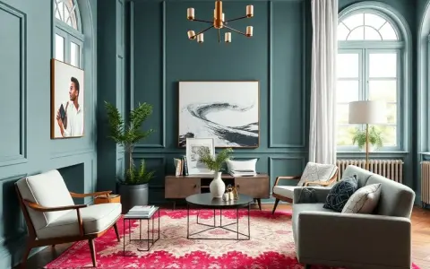 Salon aux murs bleu canard, tapis fuchsia audacieux et mobilier moderne. Une ambiance chic qui pourrait bien être la couleur tendance 2026.
