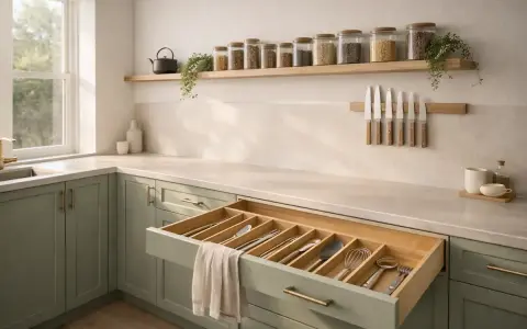 Tiroir ouvert montrant une organisation cuisine impeccable avec des couverts rangés. Des bocaux remplis d'ingrédients sont alignés sur une étagère.