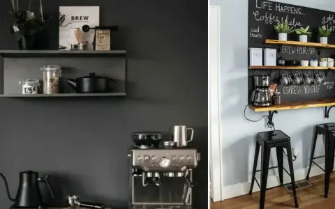 Aménager un petit coin café avec une machine expresso, des tasses suspendues et une étagère décorée de citations inspirantes.
