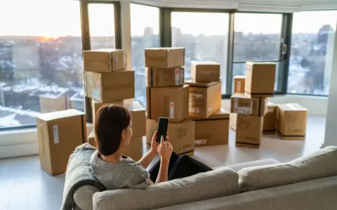 Une femme sur un canapé regarde son téléphone, entourée de cartons. Elle prépare son déménagement à Lyon.