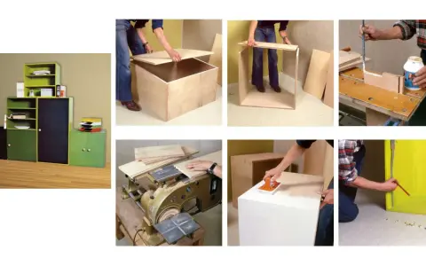 Étapes pour construire un meuble de rangement : assemblage de caissons en bois, ponçage et collage.