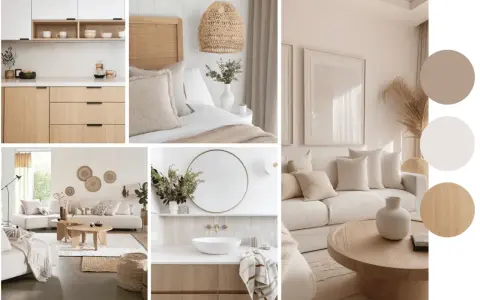 Ambiance douce et naturelle pour cette maison de rêve : cuisine épurée, chambre cosy, salon invitant et salle de bain zen.