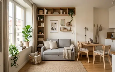 Petit appartement pour femme seule : canapé gris, étagères remplies, coin repas et cuisine fonctionnelle. Ambiance cosy et lumineuse.