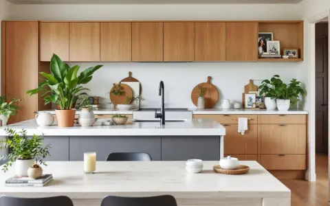 Élégante déco cuisine moderne chic avec armoires en bois, îlot gris, plantes vertes et vaisselle en bois.