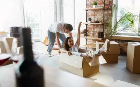 Un couple s'amuse en déménageant. Elle glisse dans un carton, un objet fragile, tandis qu'il la pousse.