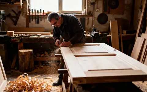 Un menuisier ébéniste travaille le bois dans son atelier, façonnant une porte avec précision. Des copeaux volent autour de lui.
