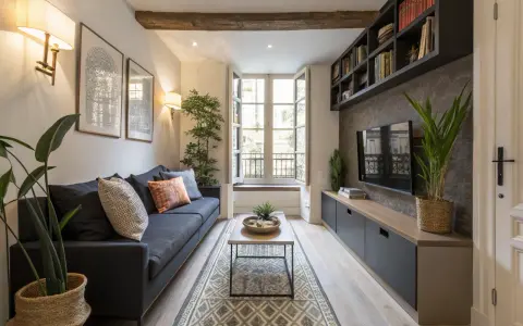 Salon cosy dans une maison en longueur, avec un canapé bleu, une table basse, une TV et des étagères.