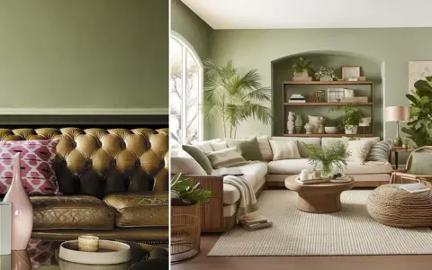 Un salon moderne et un canapé en cuir marron, le tout baigné d'une douce lumière dans un décor aux nuances vert sauge nuancier.