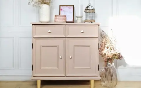 Meuble bas rose poudré, prêt à repeindre, avec deux tiroirs et deux portes. Décoré de fleurs séchées et d'une cage ornementale.