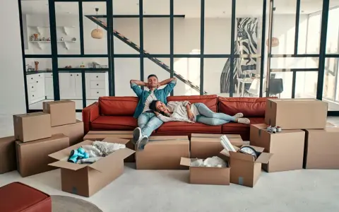 Couple se repose sur un canapé rouge entouré de cartons, signe d'un emménagement appartement réussi.