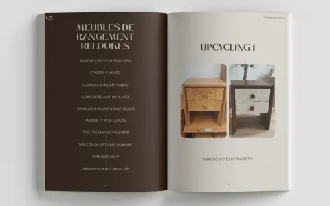 Transformation d'un meuble : une table de chevet en bois brut est métamorphosée en un meuble design avec un revêtement en travertin.
