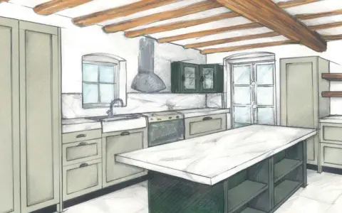 Esquisse d'une cuisine avec îlot central, placards verts et poutres apparentes. Le plan cuisine dimension est bien pensé pour l'ergonomie.