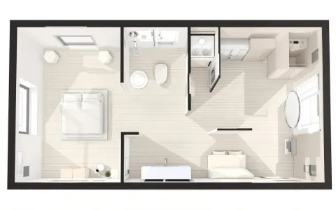 Plan d'une suite parentale avec chambre, salle de bain, dressing et coin salon.