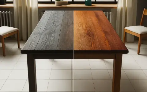 Table en bois divisée en deux : d'un côté sombre, de l'autre couleur naturelle. Idéal pour éclaircir bois naturellement.