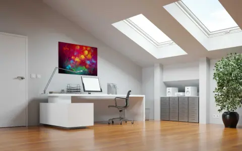Bureau sous pente lumineux avec tableau abstrait coloré, ordinateur, plante verte et puits de lumière.