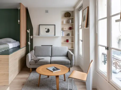 Aménagement intérieur appartement : un salon cosy avec canapé gris, table basse en bois, et un lit surélevé dans un coin.