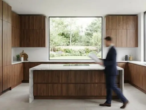 Cuisine moderne en 2 parties, avec des armoires en bois de noyer et un îlot central en marbre. Une grande fenêtre donne sur un jardin luxuriant.