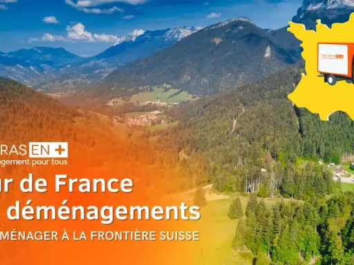 Un camion de déménagement sur une carte de France, prêt pour déménager en Suisse. Paysage montagneux en arrière-plan.