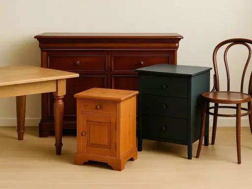 Un petit meuble en bois orange, une commode sombre et une chaise courbée, prêts à être relookés.